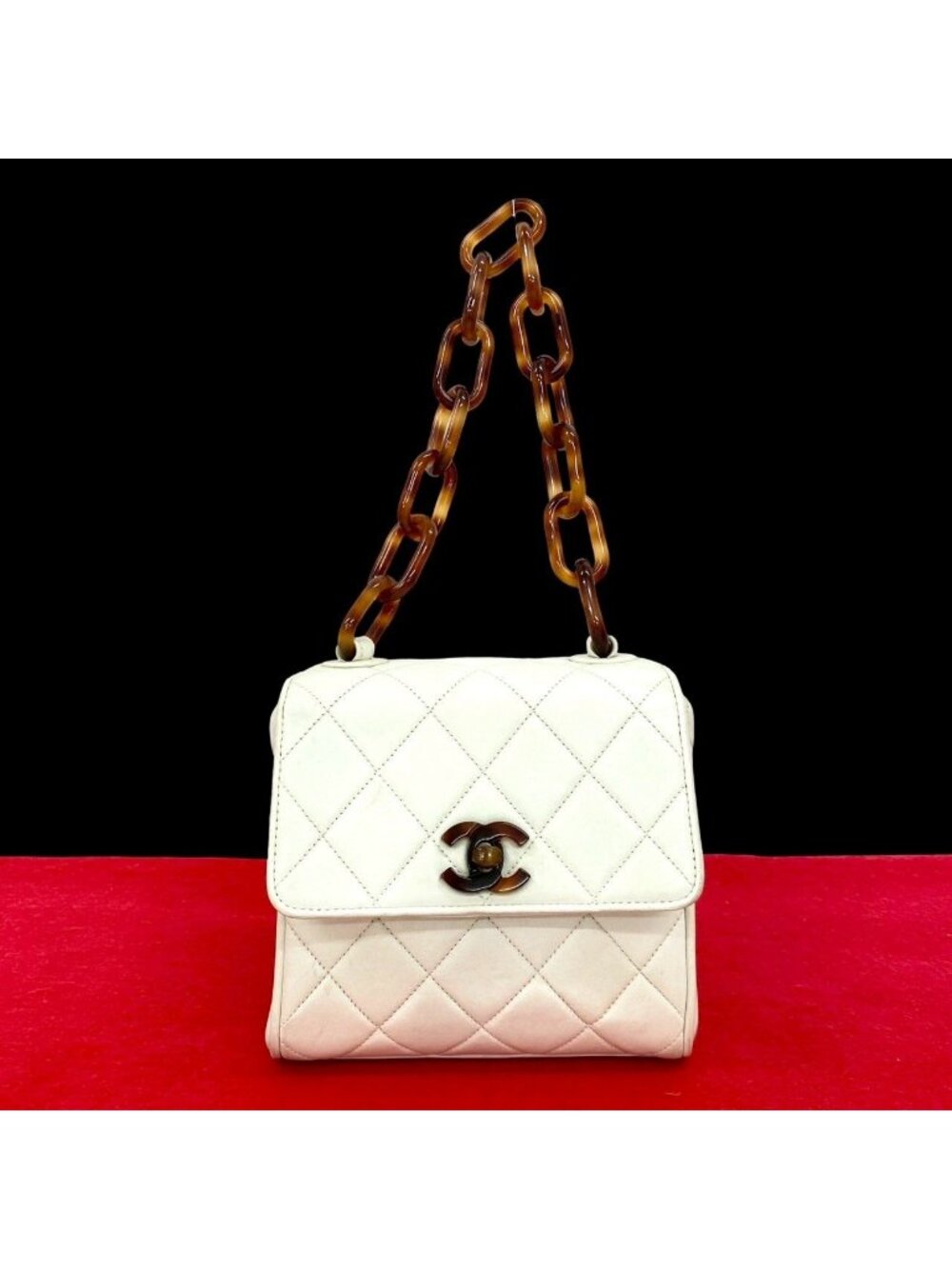 Chanel Quilted CC Logo Lambskin Chain Mini Handbag White Brown